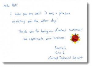 Handwritten thank you note from iContact